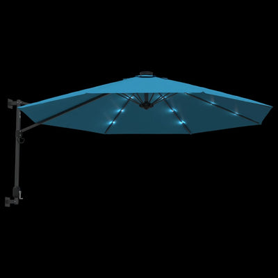 Seinäkiinnitteinen aurinkovarjo LED-valot merensininen 290 cm