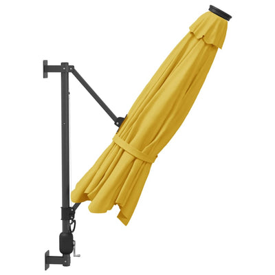 Seinäkiinnitteinen aurinkovarjo LED-valoilla keltainen 290 cm