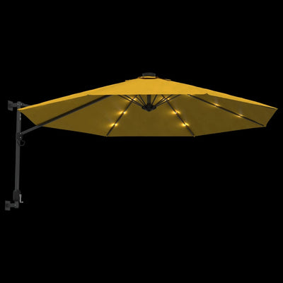 Seinäkiinnitteinen aurinkovarjo LED-valoilla keltainen 290 cm