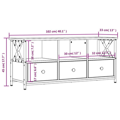 TV-taso ruskea tammi 102x33x45 cm tekninen puu ja rauta