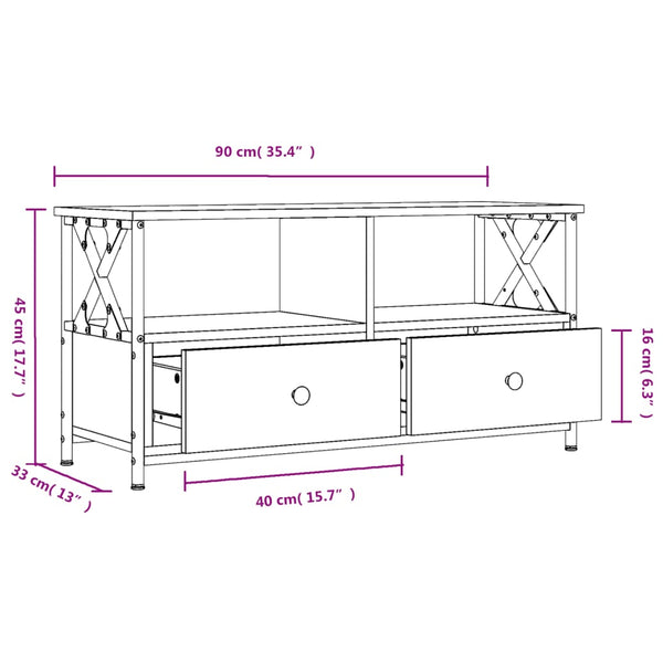 TV-taso harmaa Sonoma 90x33x45 cm tekninen puu ja rauta
