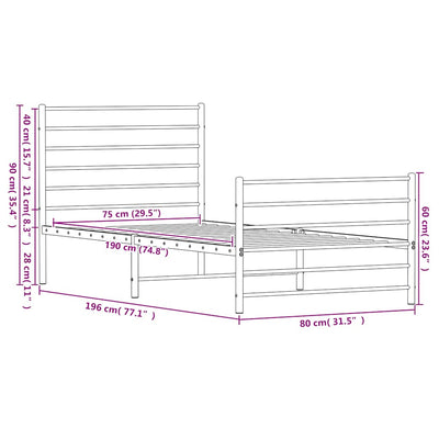 Valkoinen metallinen sängynrunko päädyillä Petronius 75x190cm