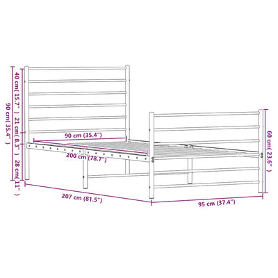 Valkoinen metallinen sängynrunko päädyillä Petronius 90x200cm
