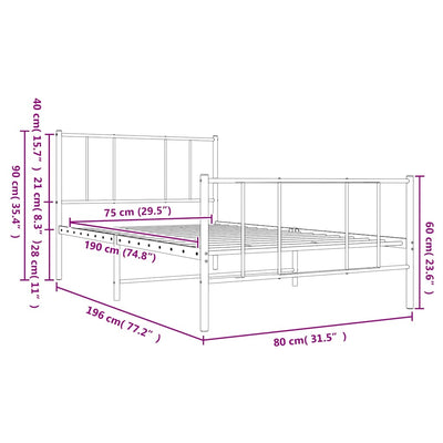 Valkoinen metallinen sängynrunko päädyillä Vilareta 75x190cm