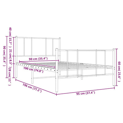 Valkoinen metallinen sängynrunko päädyillä Vilareta 90x190cm