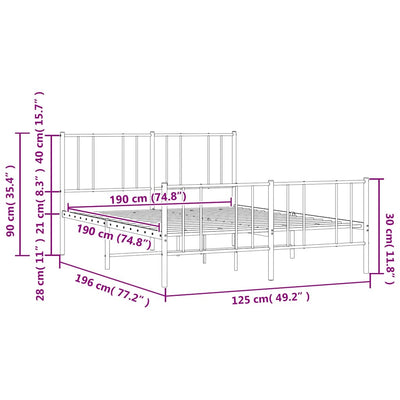 Valkoinen metallinen sängynrunko päädyillä Vilareta 120x190cm