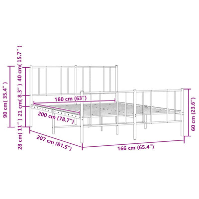 Valkoinen metallinen sängynrunko päädyillä Vilareta 160x200cm