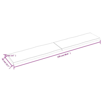 Pöytälevy 220x40x(2-4) cm käsittelemätön täysi puu elävä reuna