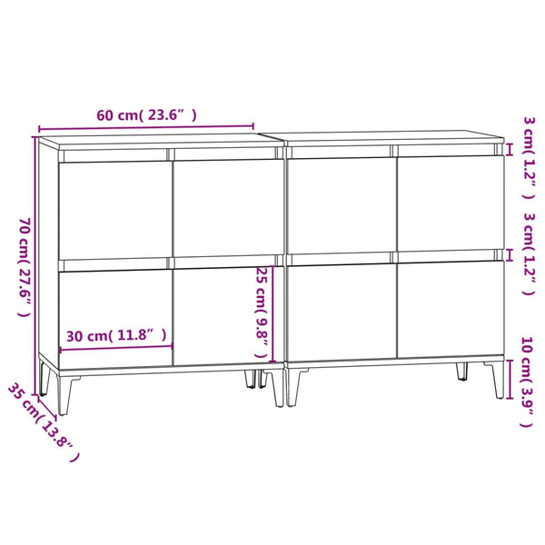 Senkit 2 kpl korkeakiilto valkoinen 60x35x70 cm tekninen puu