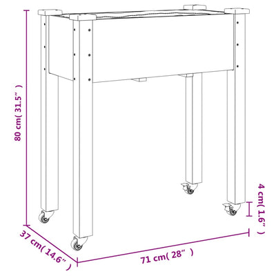 Kukkalaatikko pyörillä ja vuorauksella 71x37x80 cm täysi kuusi