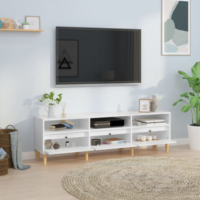 TV-taso korkeakiilto valkoinen 150x30x44,5 cm tekninen puu