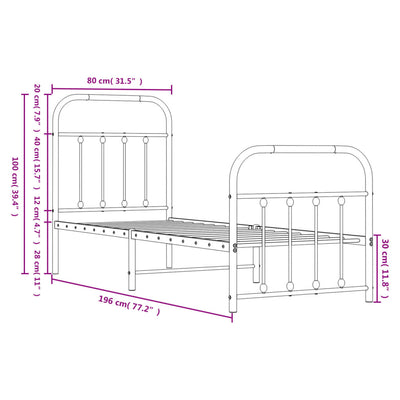 Musta metallinen sängynrunko päädyillä Honorina 75x190cm