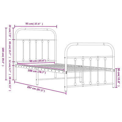 Musta metallinen sängynrunko päädyillä Honorina 90x200cm