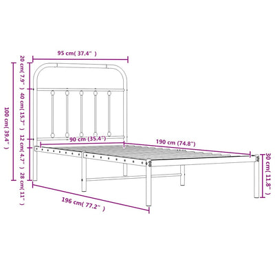 Valkoinen metallinen sängynrunko päädyllä Honorina 90x190cm