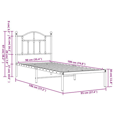 Valkoinen metallinen sängynrunko päädyllä Crezantema 90x190cm