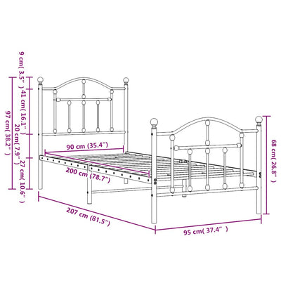 Valkoinen metallinen sängynrunko päädyillä Crezantema 90x200cm