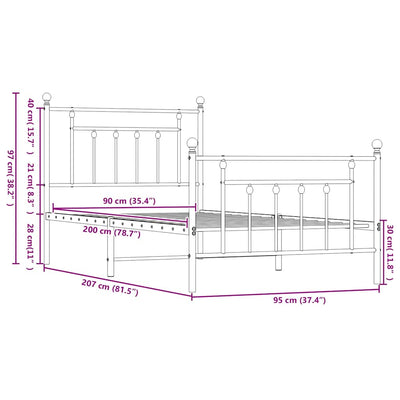 Valkoinen metallinen sängynrunko päädyillä Paisie 90x200cm