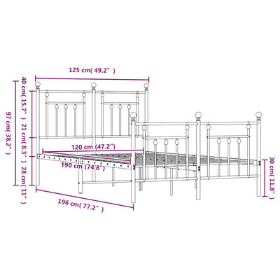 Valkoinen metallinen sängynrunko päädyillä Paisie 120x190cm