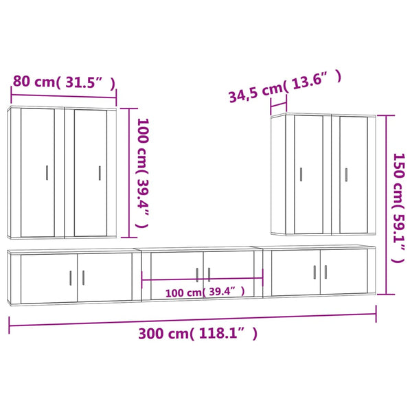 7-osainen TV-kaappisarja Sonoma-tammi tekninen puu