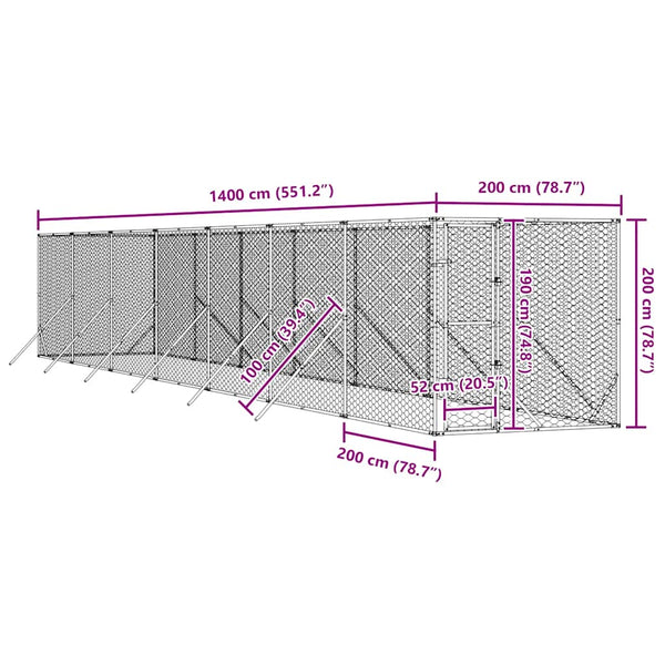 Koiran ulkohäkki hopea 2x14x2 m galvanoitu teräs