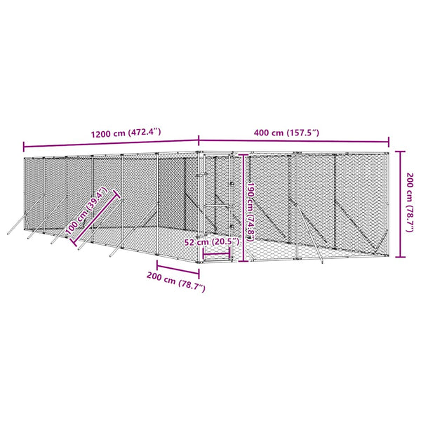 Koiran ulkohäkki hopea 4x12x2 m galvanoitu teräs