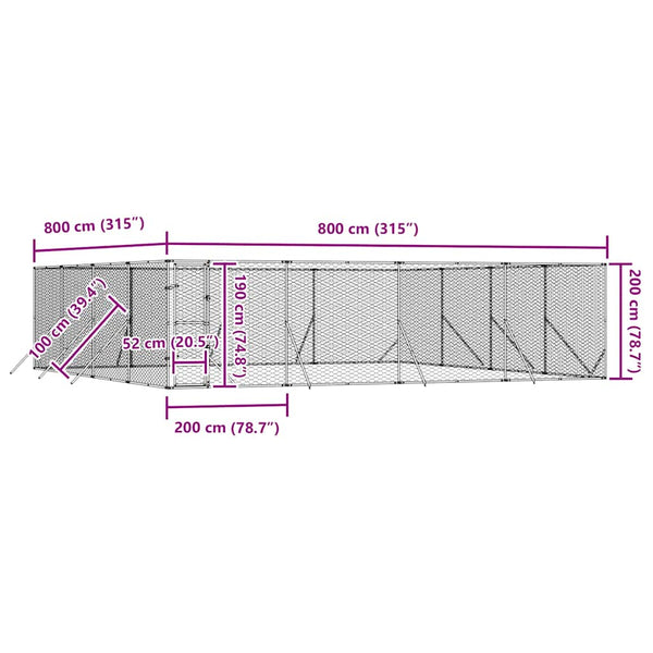 Koiran ulkohäkki hopea 8x8x2 m galvanoitu teräs