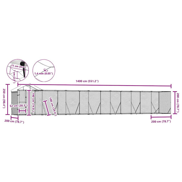 Koiran ulkohäkki katolla hopea 14x2x2,5 m galvanoitu teräs