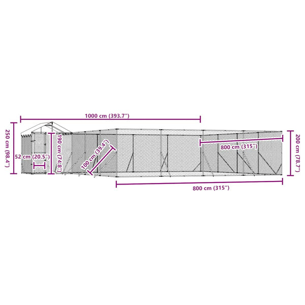 Koiran ulkohäkki katolla hopea 10x8x2,5 m galvanoitu teräs