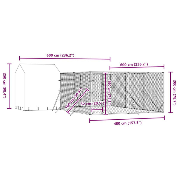 Koiran ulkohäkki katolla hopea 6x6x2,5 m galvanoitu teräs