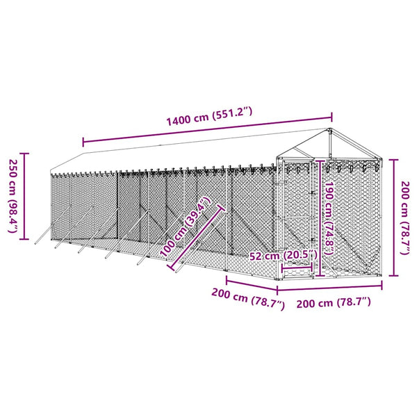 Koiran ulkohäkki katolla hopea 2x14x2,5 m galvanoitu teräs
