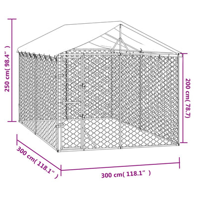 Koiran ulkohäkki katolla hopea 3x3x2,5 m galvanoitu teräs