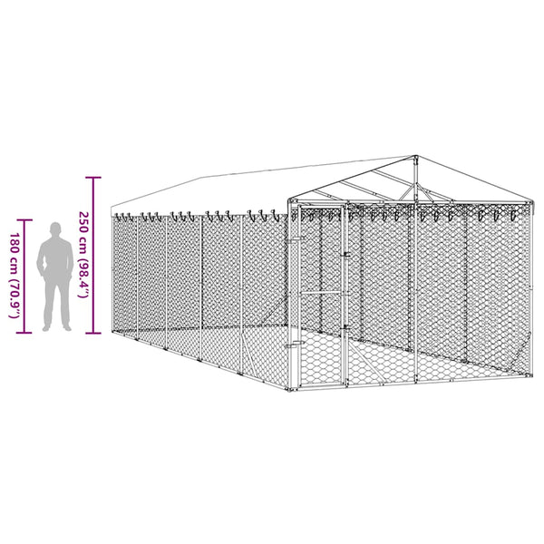 Koiran ulkohäkki katolla hopea 3x7,5x2,5 m galvanoitu teräs