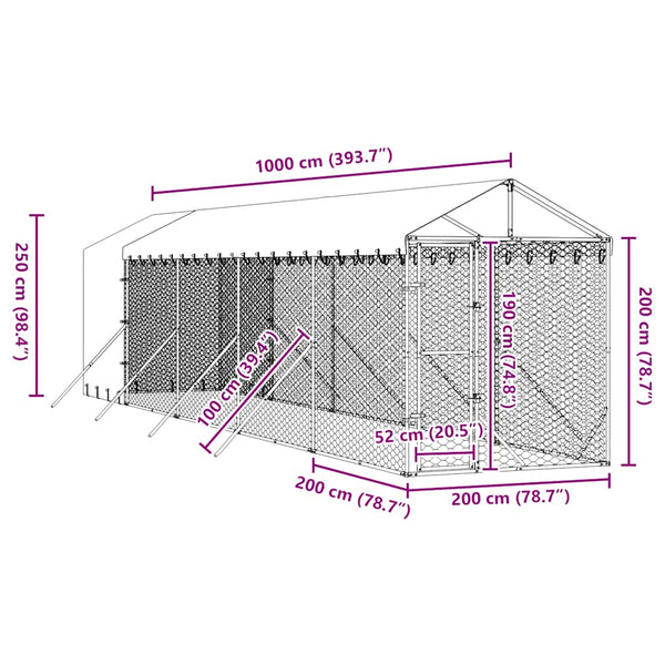 Koiran ulkohäkki katolla hopea 2x10x2,5 m galvanoitu teräs