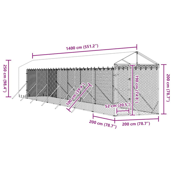 Koiran ulkohäkki katolla hopea 2x14x2,5 m galvanoitu teräs