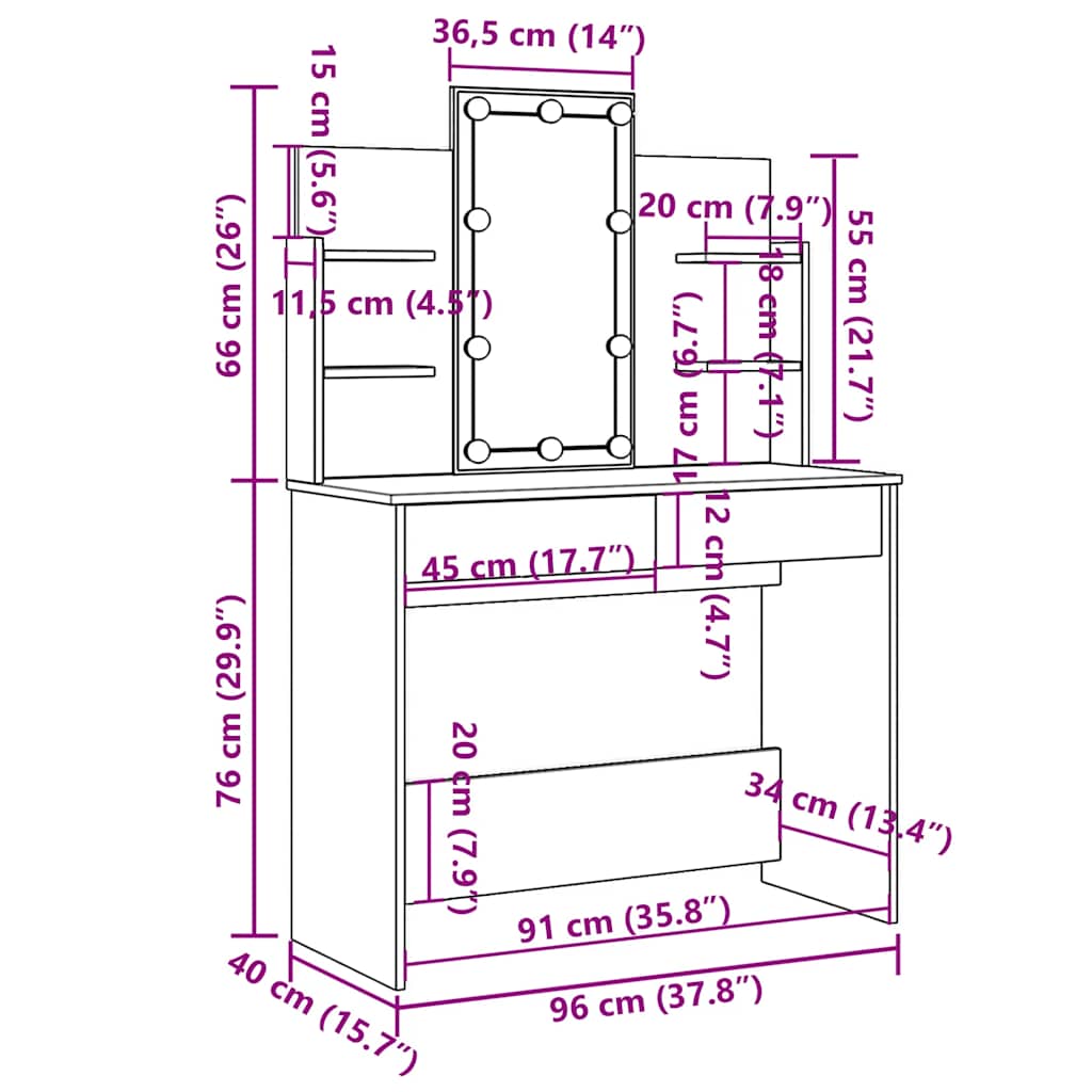 Valkoinen peilipöytä led-valoilla Valadea 96x40x142cm