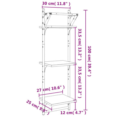 Seinähyllyt tangoilla 3 tasoa 2 kpl Sonoma-tammi 30x25x100 cm