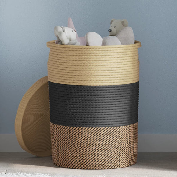 Säilytyskori kannella musta ja beige Ø37x50 cm puuvilla