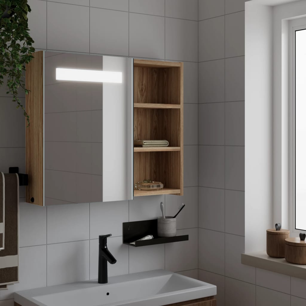 Vaalea tammi kylpyhuoneen peilikaappi led-valolla Berneice 60x13x52cm