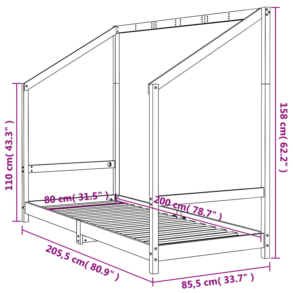 Valkoinen lasten sängynrunko Fadei 80x200cm (mänty)