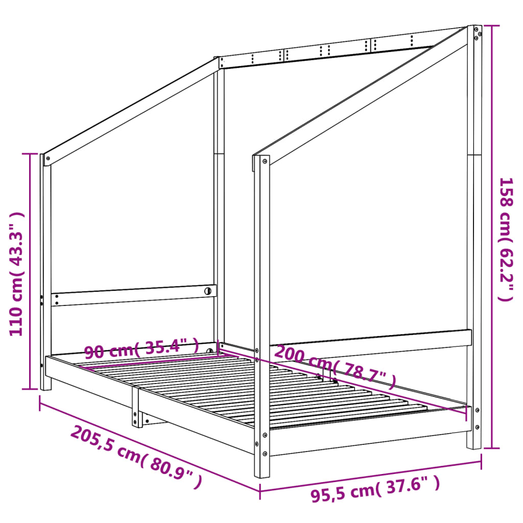 Valkoinen lasten sängynrunko Fadei 90x200cm (mänty)