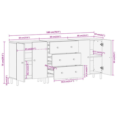 Sivukaapit 3 kpl musta 60x33x75 cm täysi mangopuu