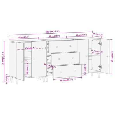 Sivukaapit 3 kpl 60x33x75 cm täysi mangopuu