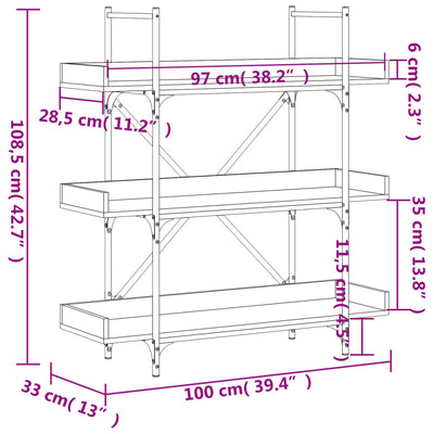 Kirjahylly 3 tasoa savutammi 100x33x108,5 cm tekninen puu