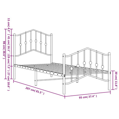 Valkoinen metallinen sängynrunko päädyillä Pichen 90x200cm
