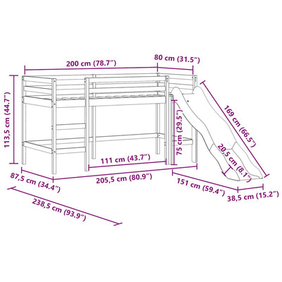Valkoinen lasten parvisänky liukumäellä Nolia 80x200cm (mänty)