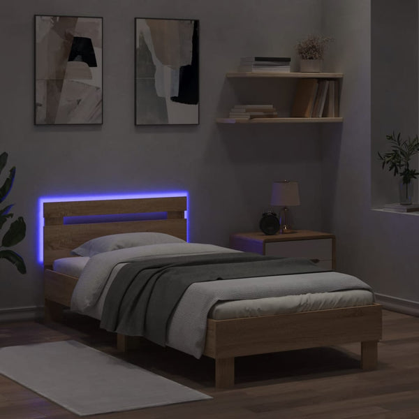Sängynrunko päädyllä ja LED-valoilla Sonoma-tammi 75x190 cm