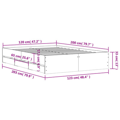 Sängynrunko laatikoilla betoninharmaa 120x200 cm tekninen puu