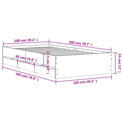 Sängynrunko laatikoilla betoninharmaa 100x200 cm tekninen puu