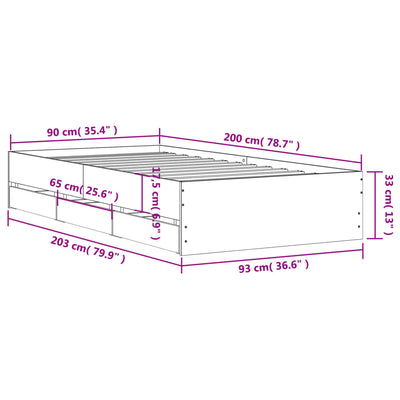 Sängynrunko laatikoilla betoninharmaa 90x200 cm tekninen puu