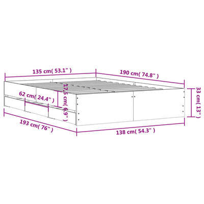 Sängynrunko laatikoilla betoninharmaa 135x190 cm tekninen puu